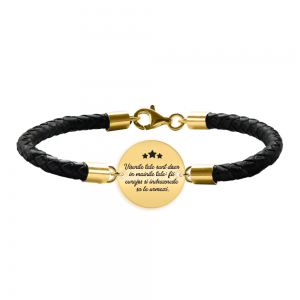 Bratara argint banut 16 mm si piele impletita - personalizata cu text - placat cu aur galben de 24 karate